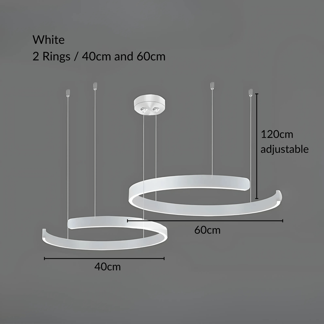 White metal pendant light with two rings, 40cm and 60cm, with adjustable 120cm cable.