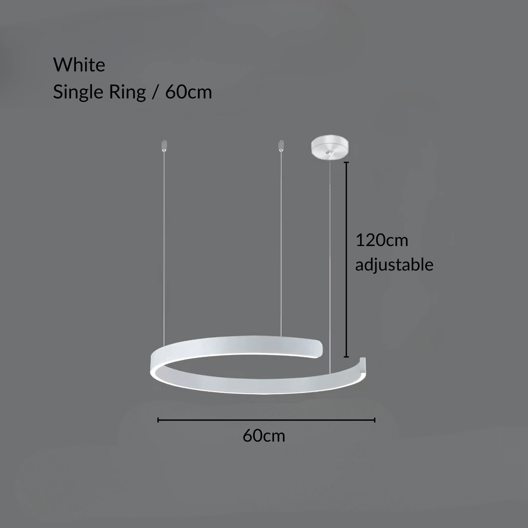 White single ring pendant light, 60cm diameter, 120cm adjustable cable length.