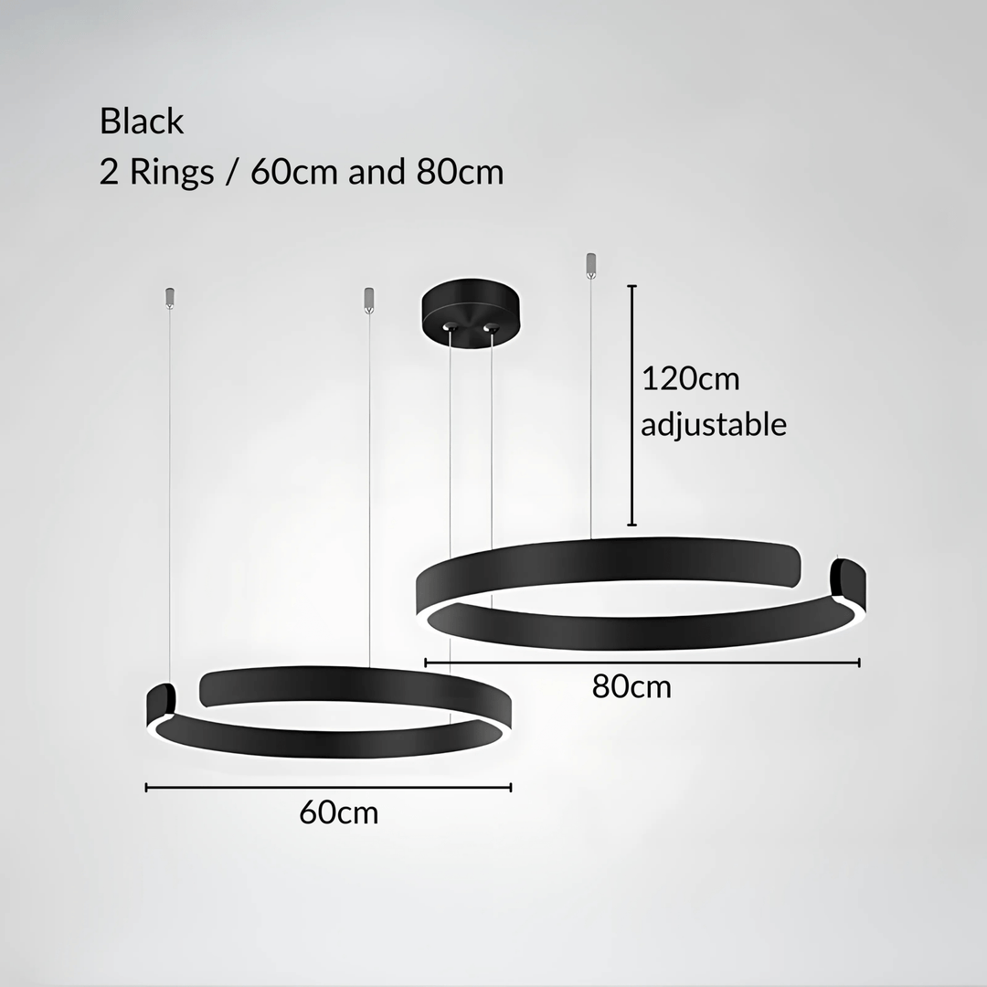 Black metal pendant light with two rings, 60cm and 80cm, with adjustable cable up to 120cm.