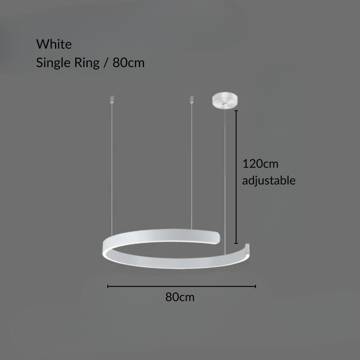 White single ring metal pendant light, 80cm diameter, 120cm adjustable cable.