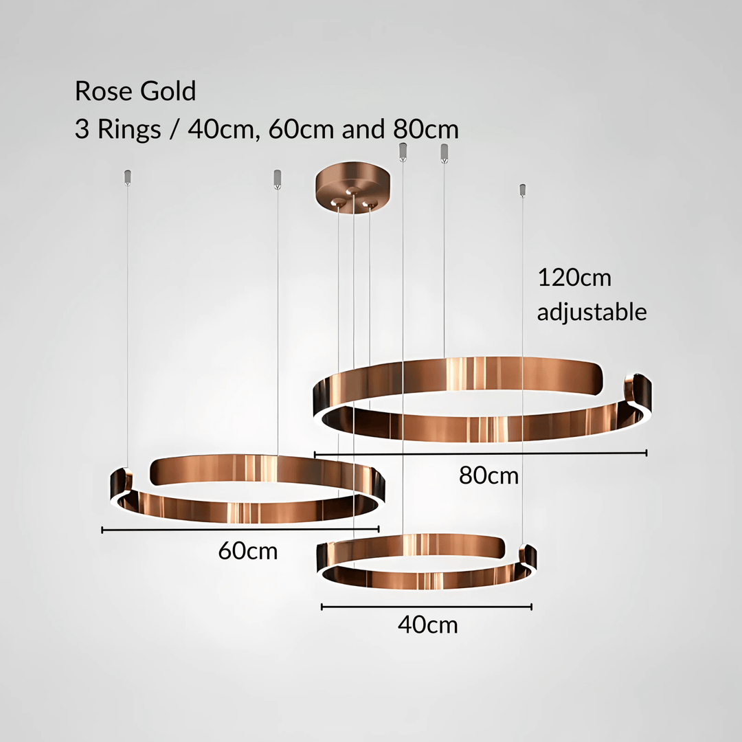 Rose gold pendant light with 3 rings of 40cm, 60cm, and 80cm, with adjustable cable length up to 120cm.