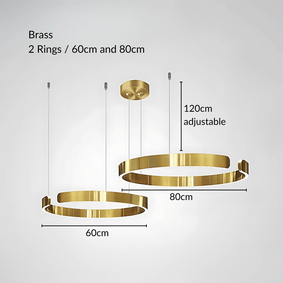 Brass pendant light with two rings, 60cm and 80cm diameters, 120cm adjustable cable.