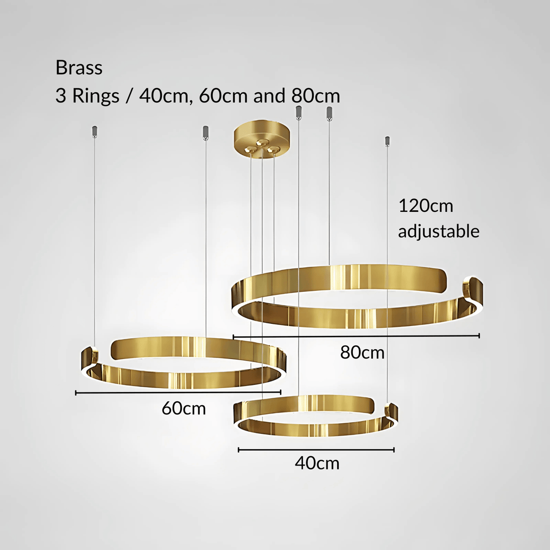 Brass pendant light with three adjustable rings of 40cm, 60cm, and 80cm.
