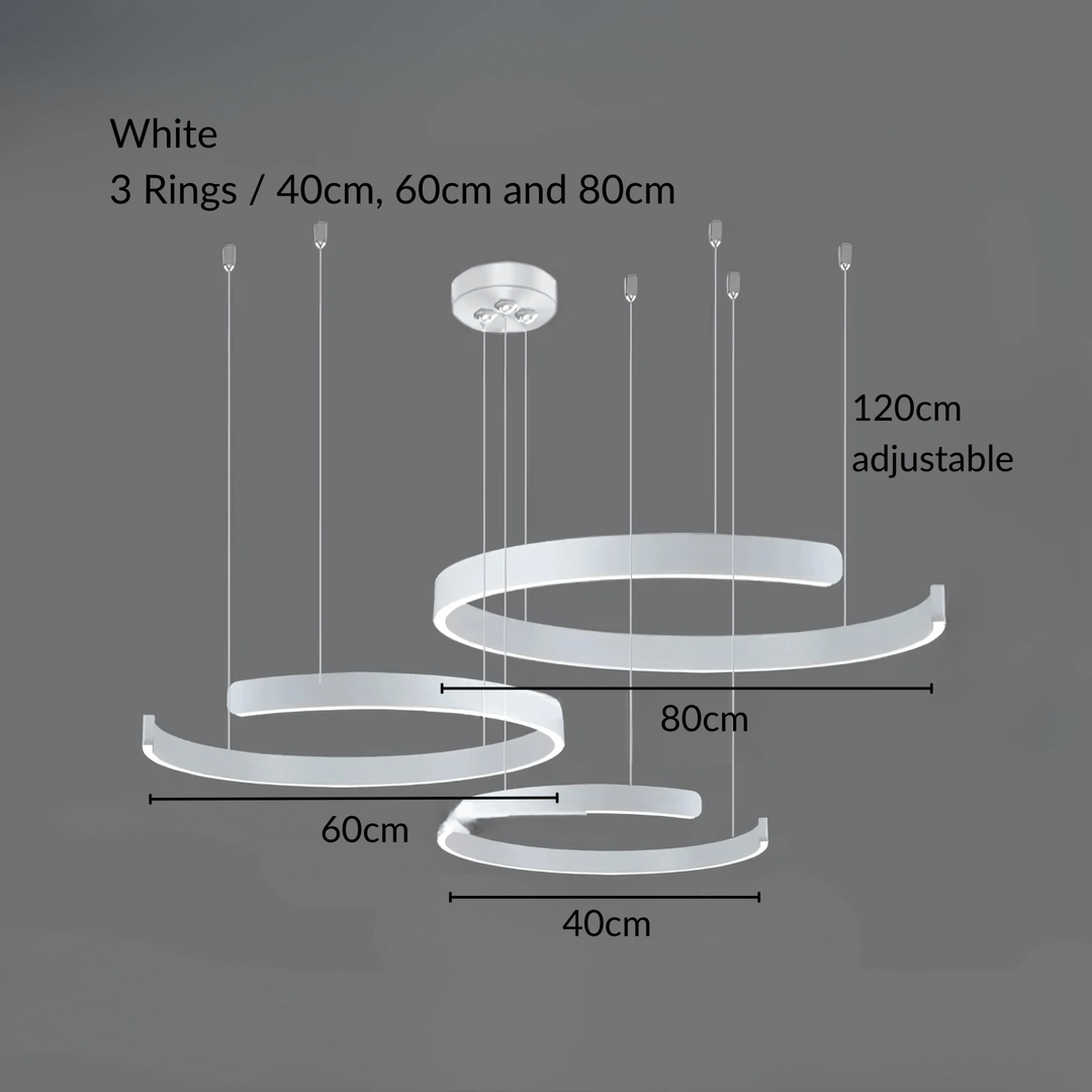 White metal pendant light with 3 rings (40cm, 60cm, 80cm) and adjustable 120cm cable.