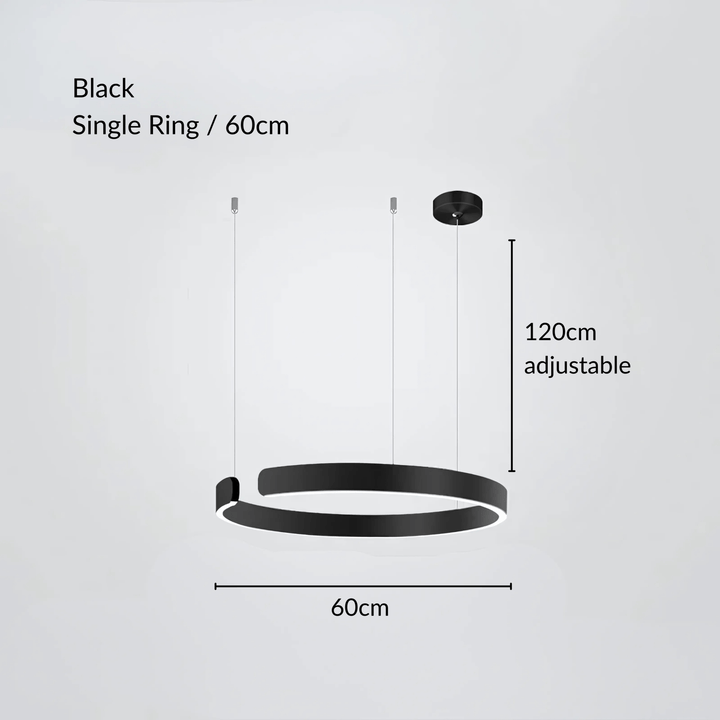 Black single ring pendant light with 60cm diameter and 120cm adjustable cable.
