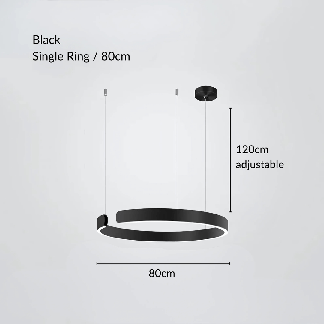 Black single ring pendant light, 80cm diameter, 120cm adjustable cable.