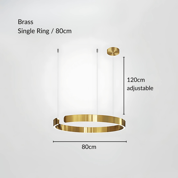 Brass single ring pendant light, 80cm diameter, 120cm adjustable cable.