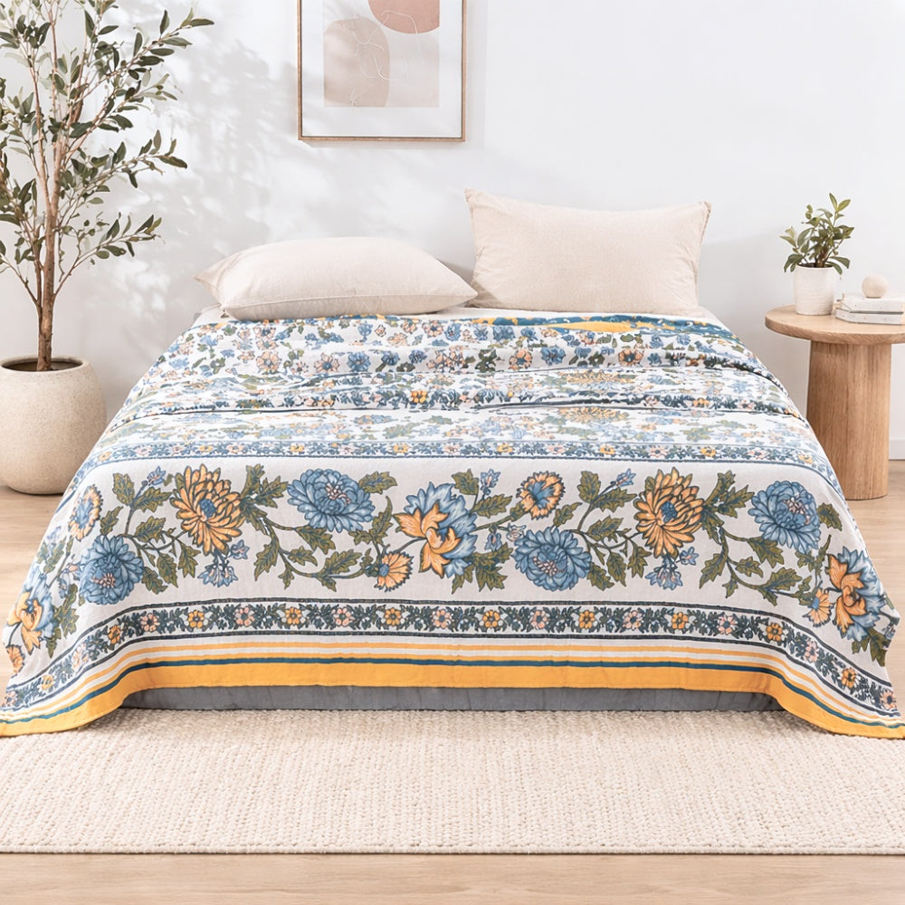 Meadow Bliss Boho Floral Blanket with blue and yellow flowers on a white background.