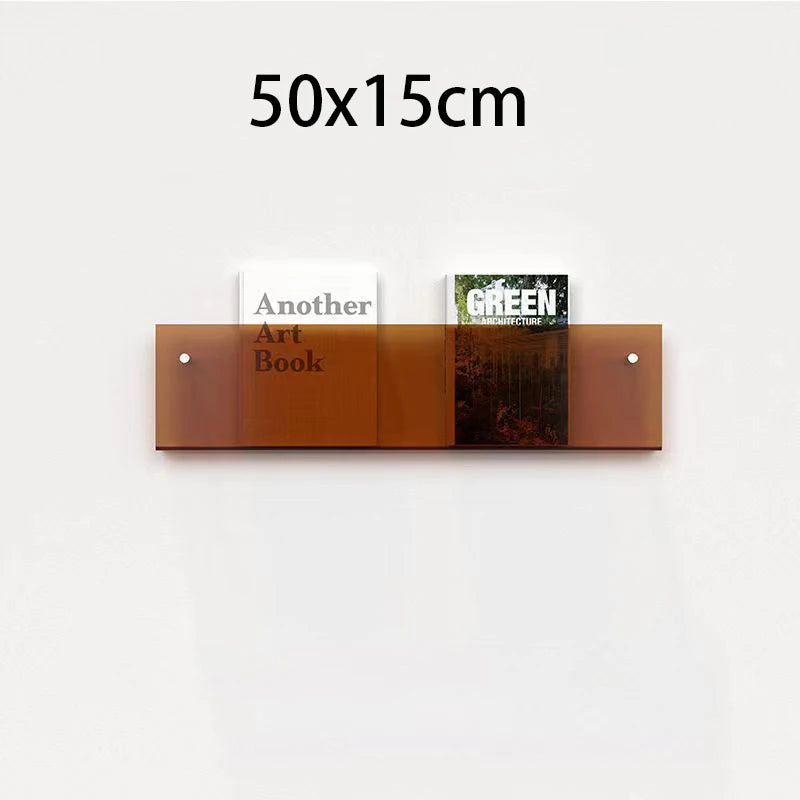 Modern acrylic floating shelf, 50x15cm, holding two books.