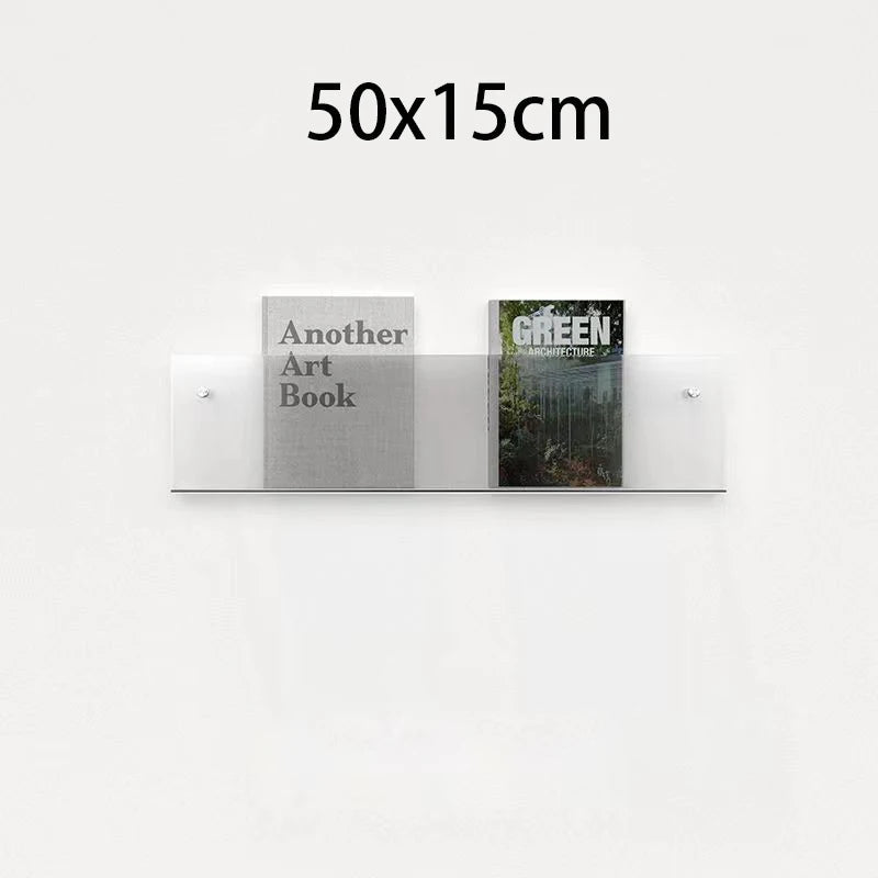 50x15cm modern acrylic floating shelf holding two books.