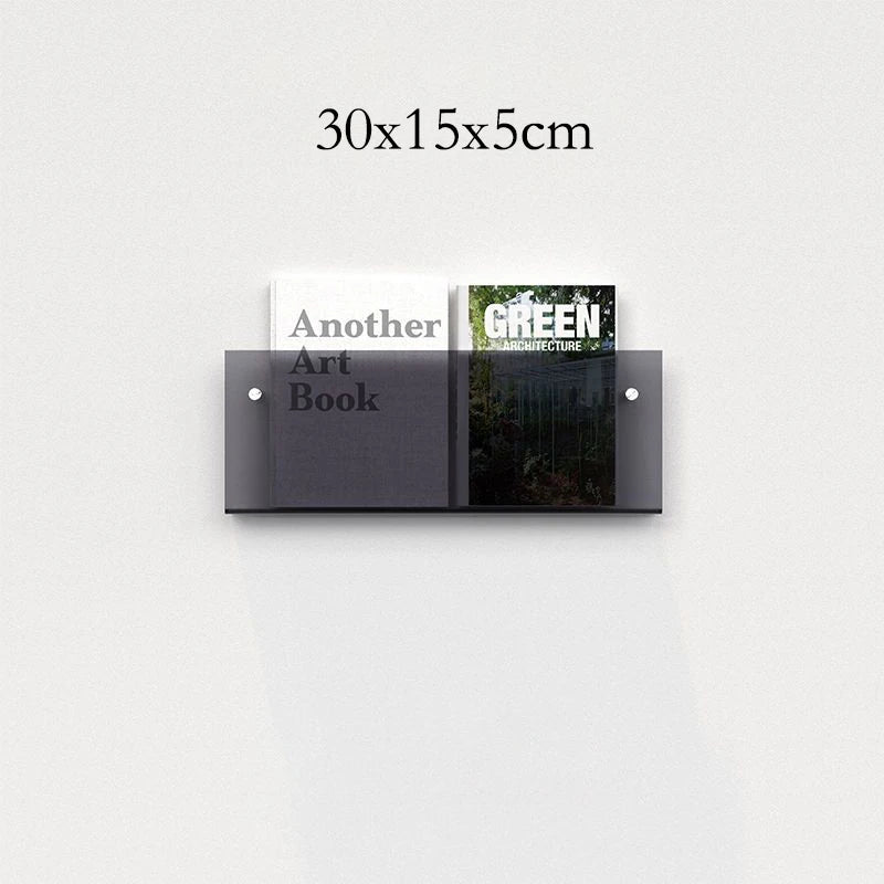 30x15x5cm modern acrylic floating shelf holding two books.