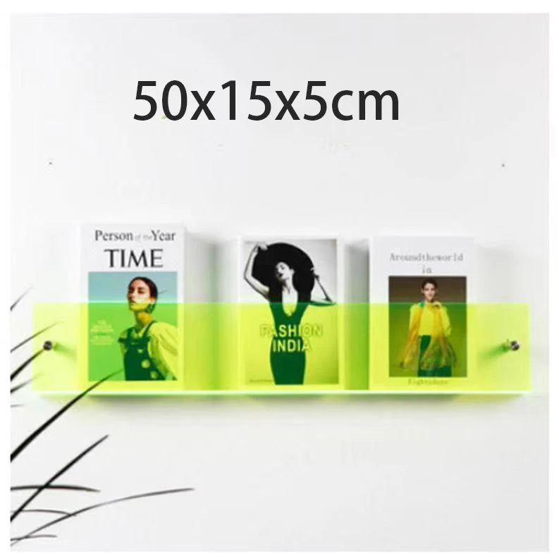 A 50x15x5cm clear acrylic floating shelf holding three books.