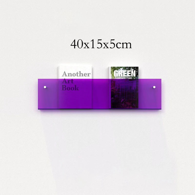 Purple acrylic floating shelf holding two books, one titled &