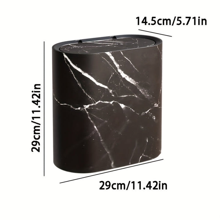 Black marble pattern trash can with oval lid, 29cm x 29cm x 14.5cm