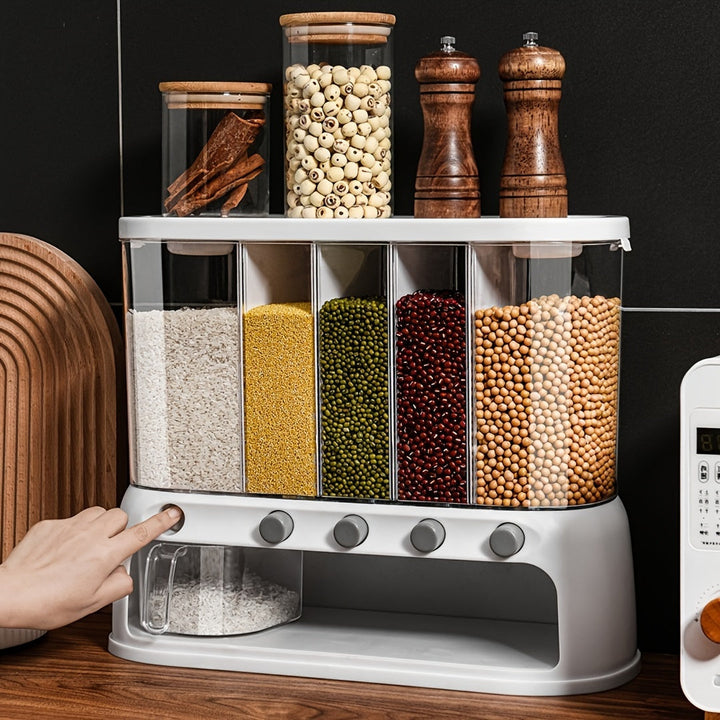 Airtight pantry storage container with five clear compartments filled with rice, millet, mung beans, red beans, and soybeans.