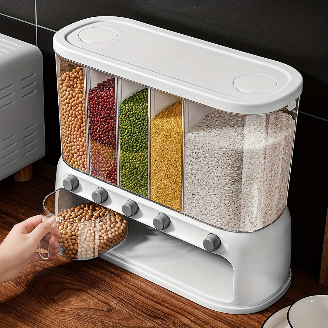 White multi-compartment airtight pantry storage container filled with rice, beans, and grains.