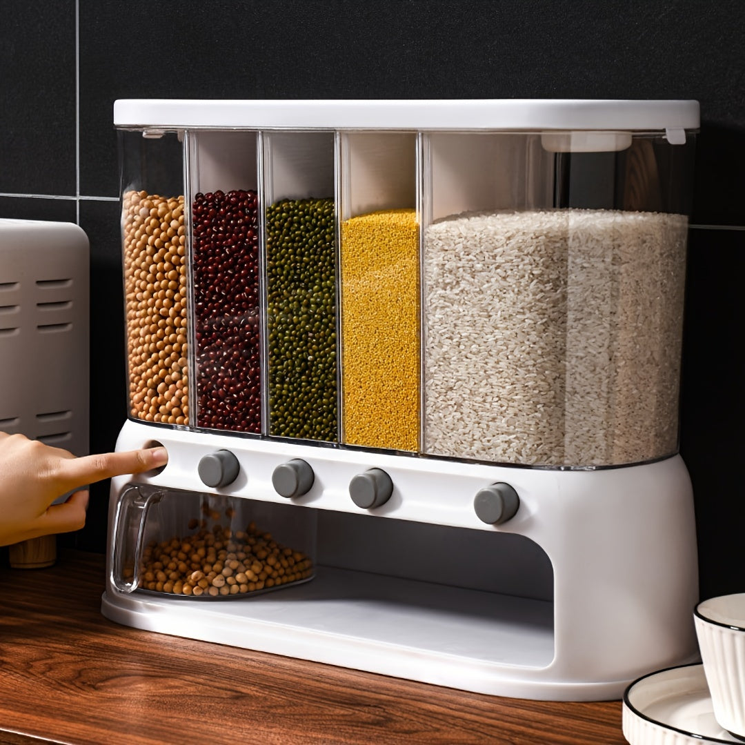 White multi-compartment airtight pantry storage container filled with rice, beans, and grains.