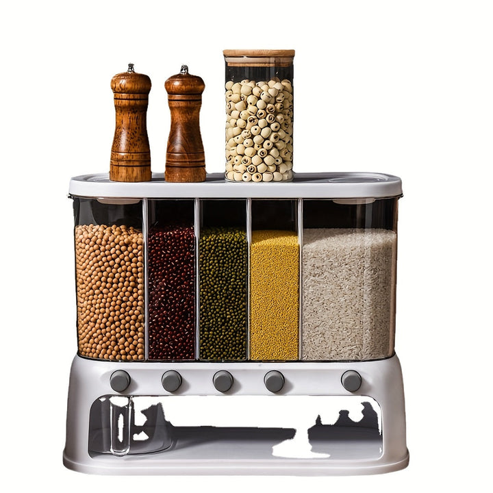 White pantry storage container with five clear compartments holding various grains and beans.