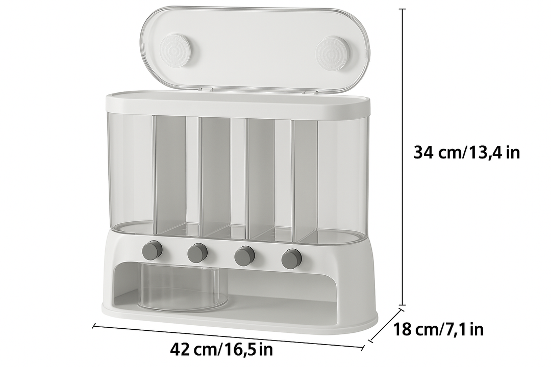 White multi-compartment airtight pantry storage container with clear compartments and push-button dispensers.