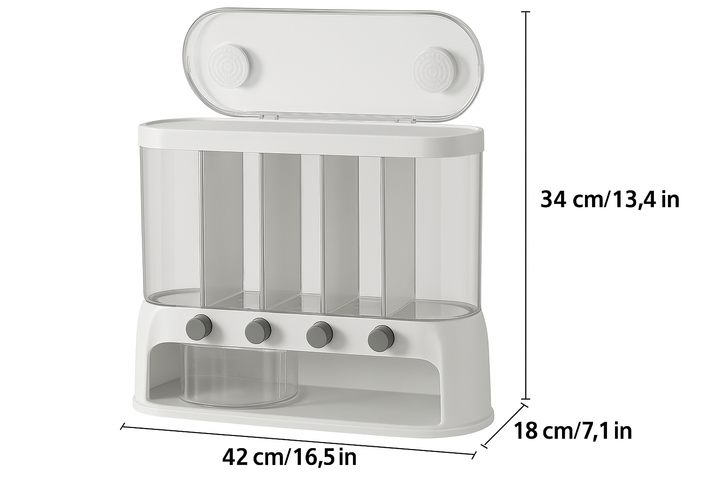 White multi-compartment airtight pantry storage container with clear compartments and push-button dispensers.