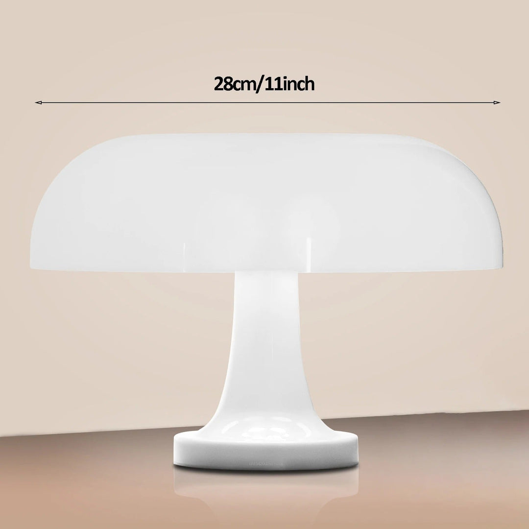 White mushroom-shaped LED table lamp with a 28cm/11inch width.