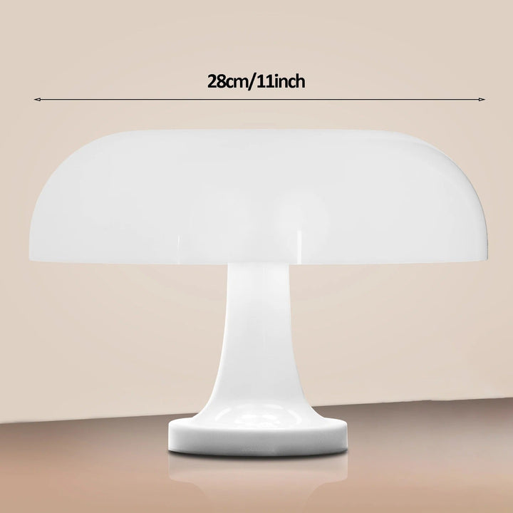 White mushroom-shaped LED table lamp with a 28cm/11inch width.