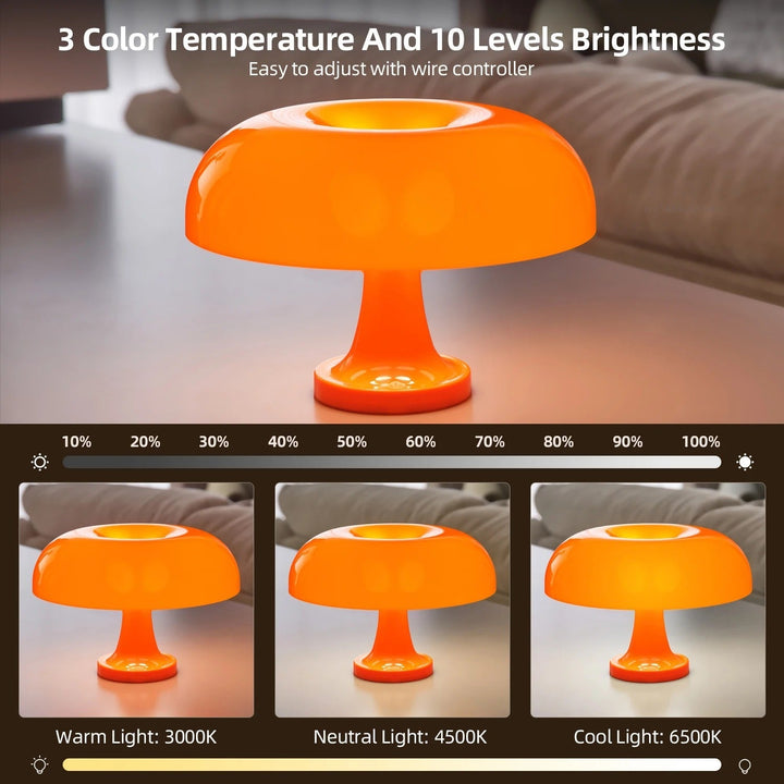 Orange mushroom-shaped LED table lamp with adjustable brightness and color temperature.