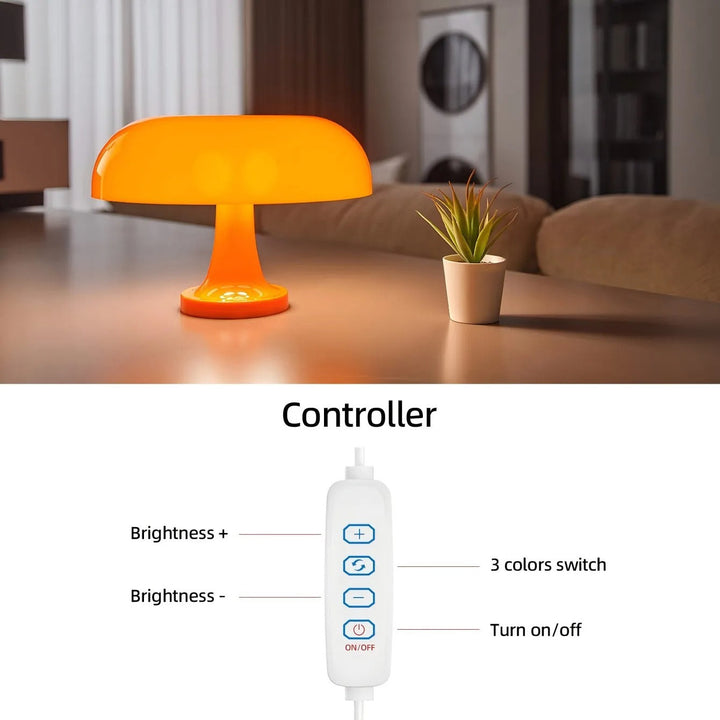 Orange LED mushroom table lamp with a wire controller showing brightness and color options.