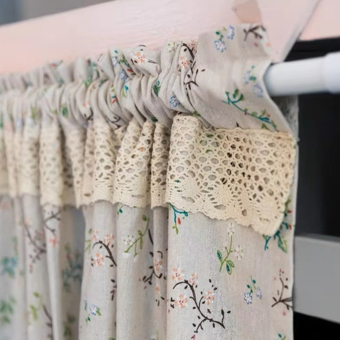 Nordic Bloom kitchen curtain with floral pattern and lace trim.