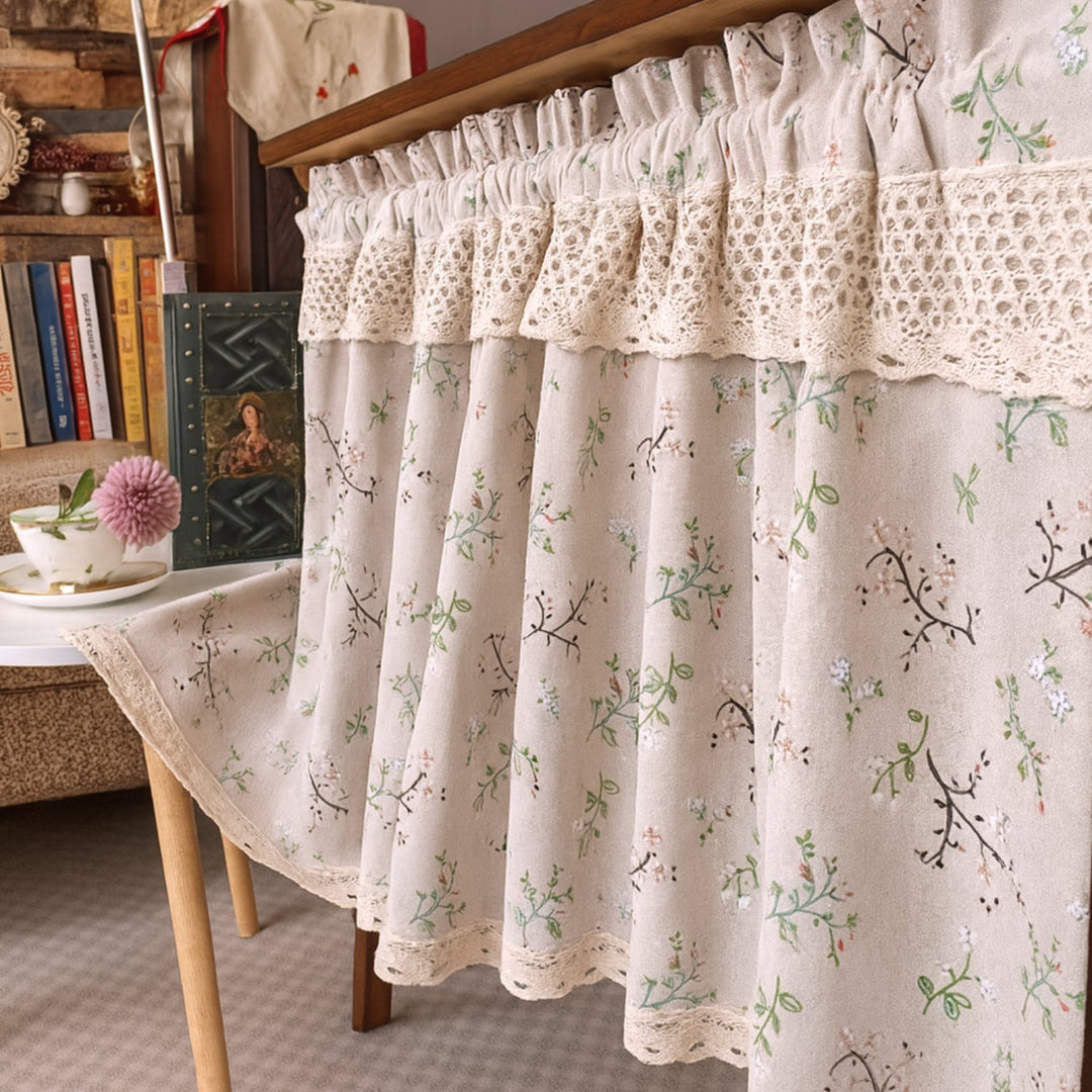 Nordic Bloom kitchen cabinet curtain with a floral pattern and lace trim.