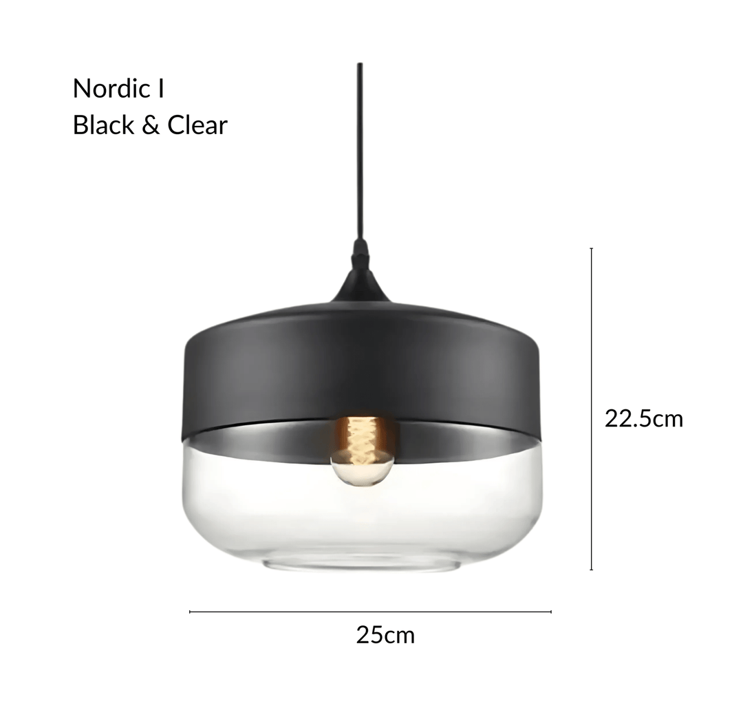 Black and clear glass pendant light with visible bulb, 25cm wide and 22.5cm tall.