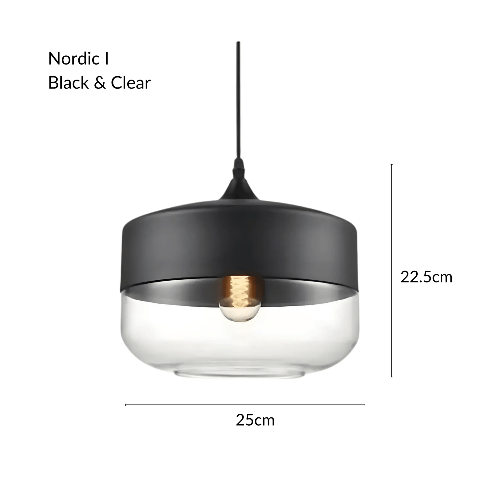 Black and clear glass pendant light with visible bulb, 25cm wide and 22.5cm tall.