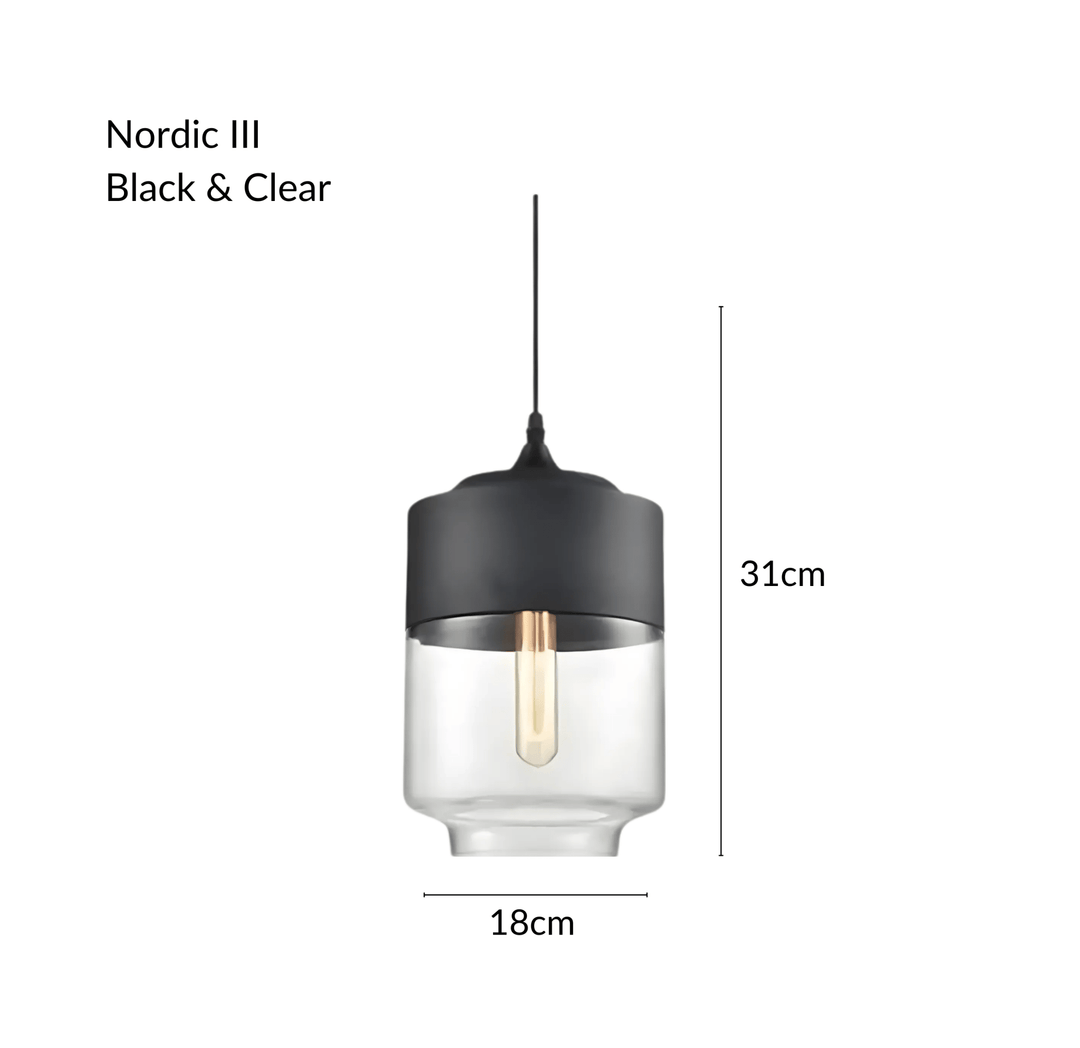 Nordic III pendant light in black and clear glass, 31cm height, 18cm width.