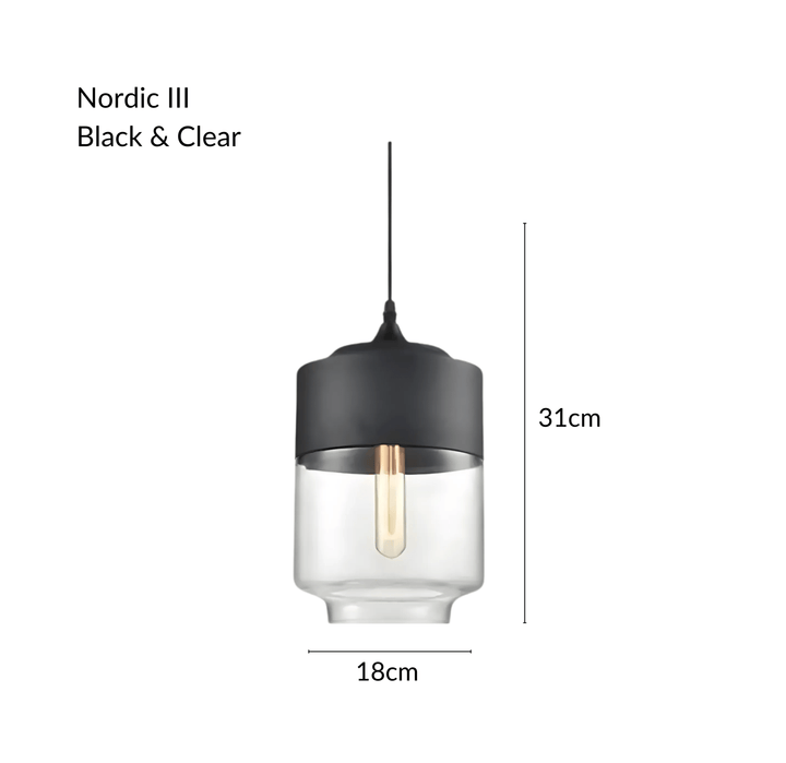 Nordic III pendant light in black and clear glass, 31cm height, 18cm width.