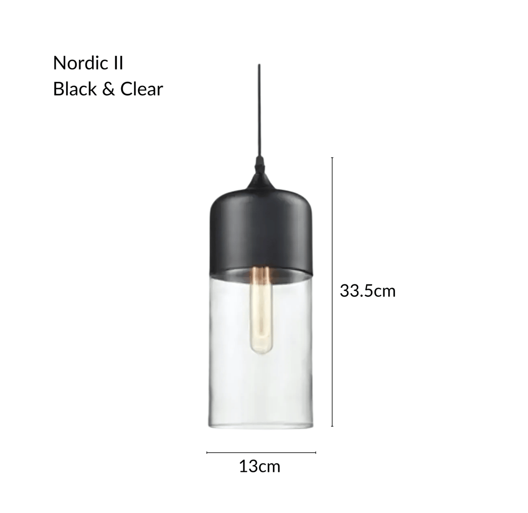 Nordic II pendant light with black metal top and clear glass cylinder, 33.5cm height, 13cm width.