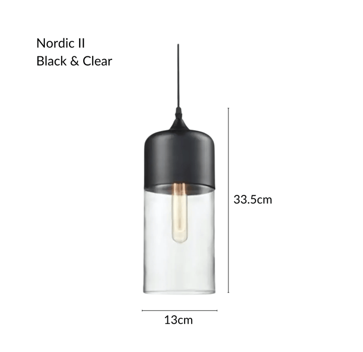 Nordic II pendant light with black metal top and clear glass cylinder, 33.5cm height, 13cm width.