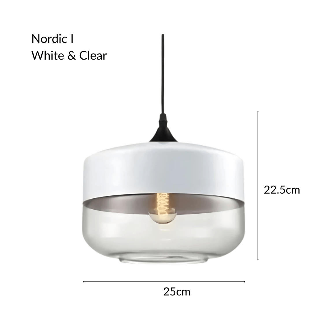 Nordic I pendant light with white top and clear glass bottom, 25cm wide and 22.5cm tall.