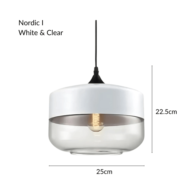 Nordic I pendant light with white top and clear glass bottom, 25cm wide and 22.5cm tall.