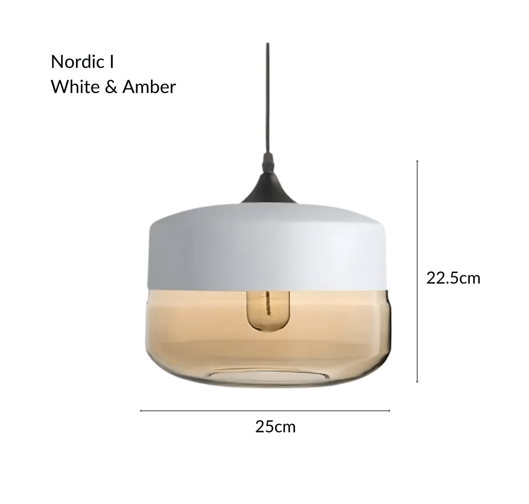 Nordic I pendant light with white top and amber glass shade, 22.5cm height, 25cm width.
