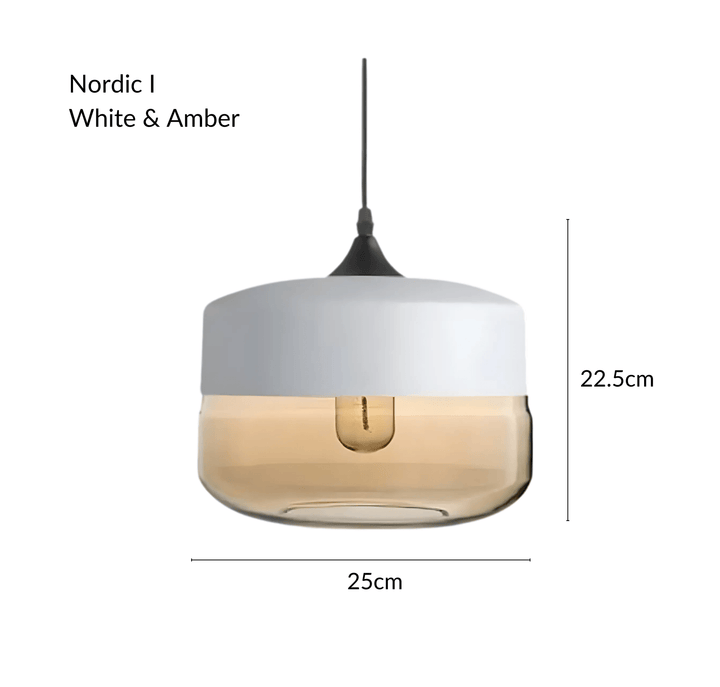 Nordic I pendant light with white top and amber glass shade, 22.5cm height, 25cm width.