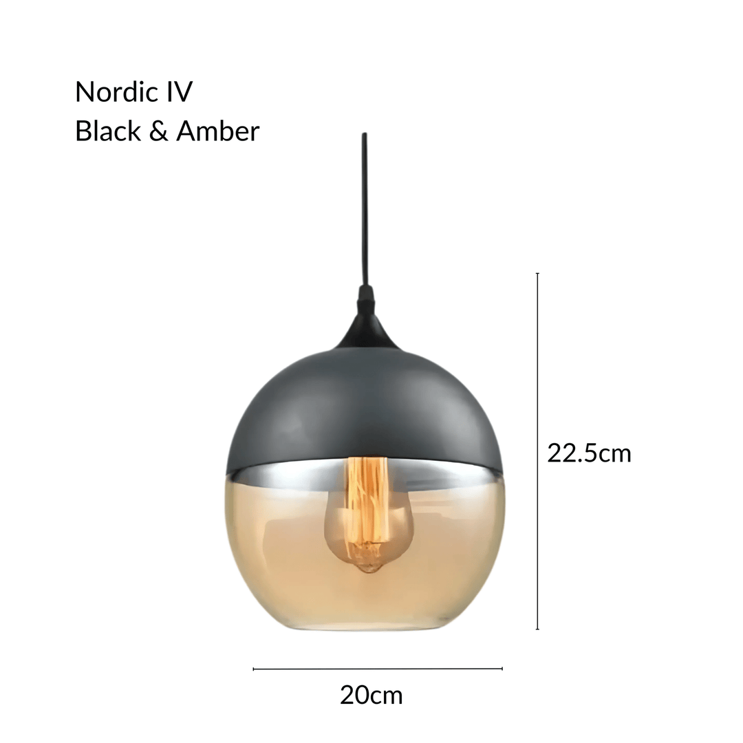 Nordic IV pendant light in black and amber, 22.5cm height, 20cm width.