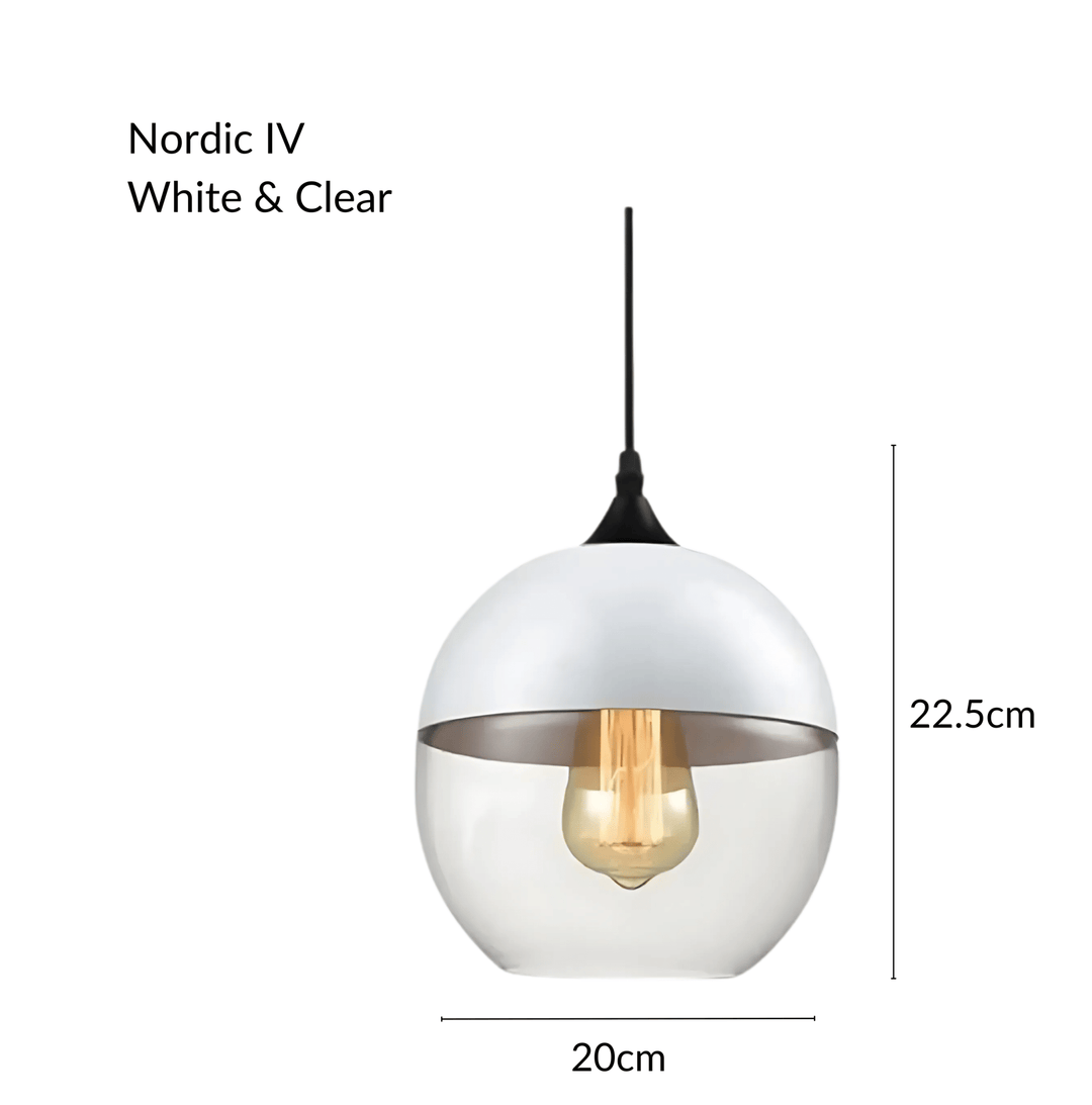 Nordic IV pendant light with white metal top and clear glass globe, 20cm wide, 22.5cm tall.