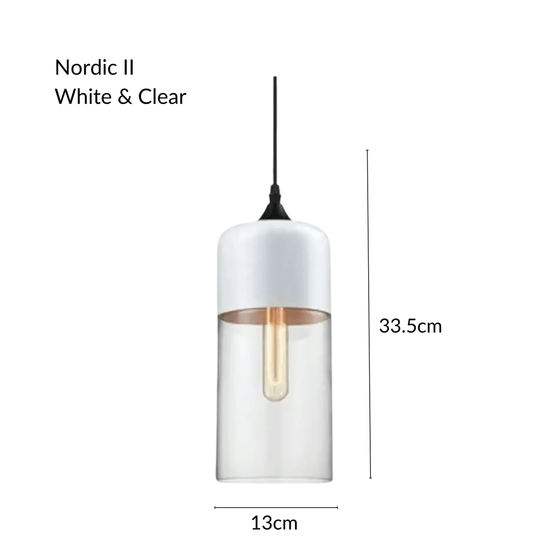 Nordic II pendant light, white top with clear glass cylinder, 33.5cm height, 13cm width.