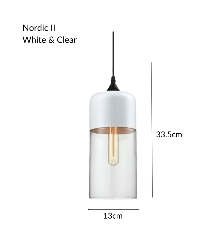 Nordic II pendant light, white top with clear glass cylinder, 33.5cm height, 13cm width.