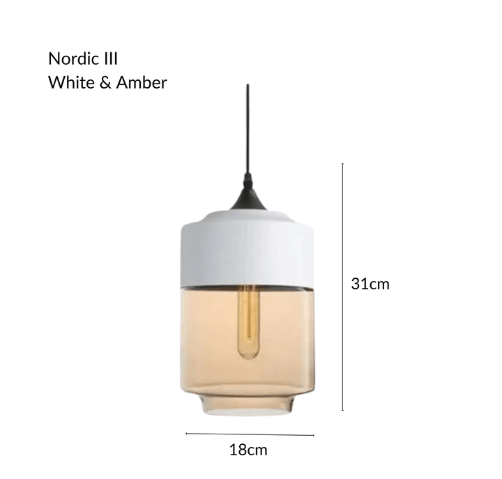Nordic III pendant light with white top and amber glass, 31cm height, 18cm width.