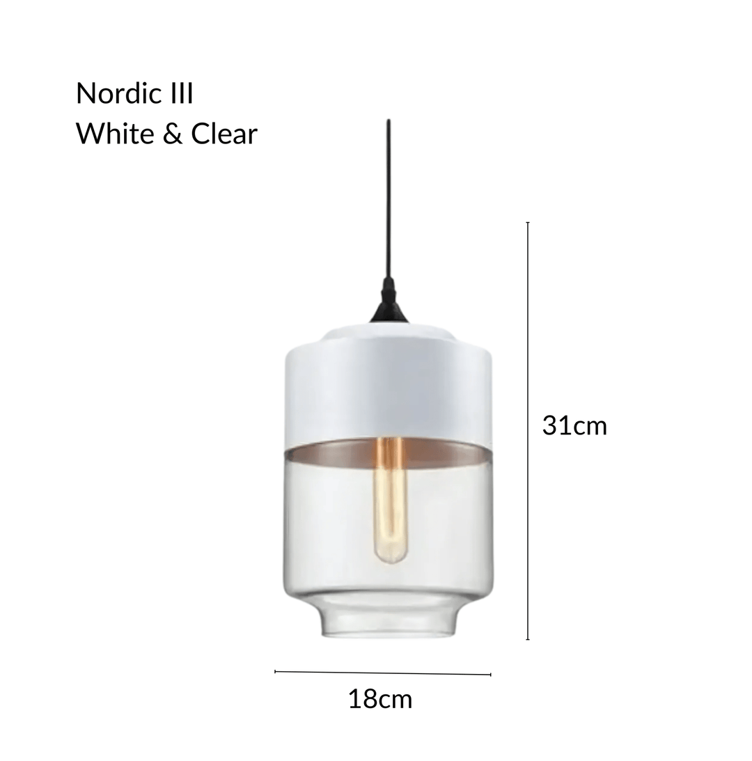 Nordic III pendant light, white and clear glass, 31cm height, 18cm width.