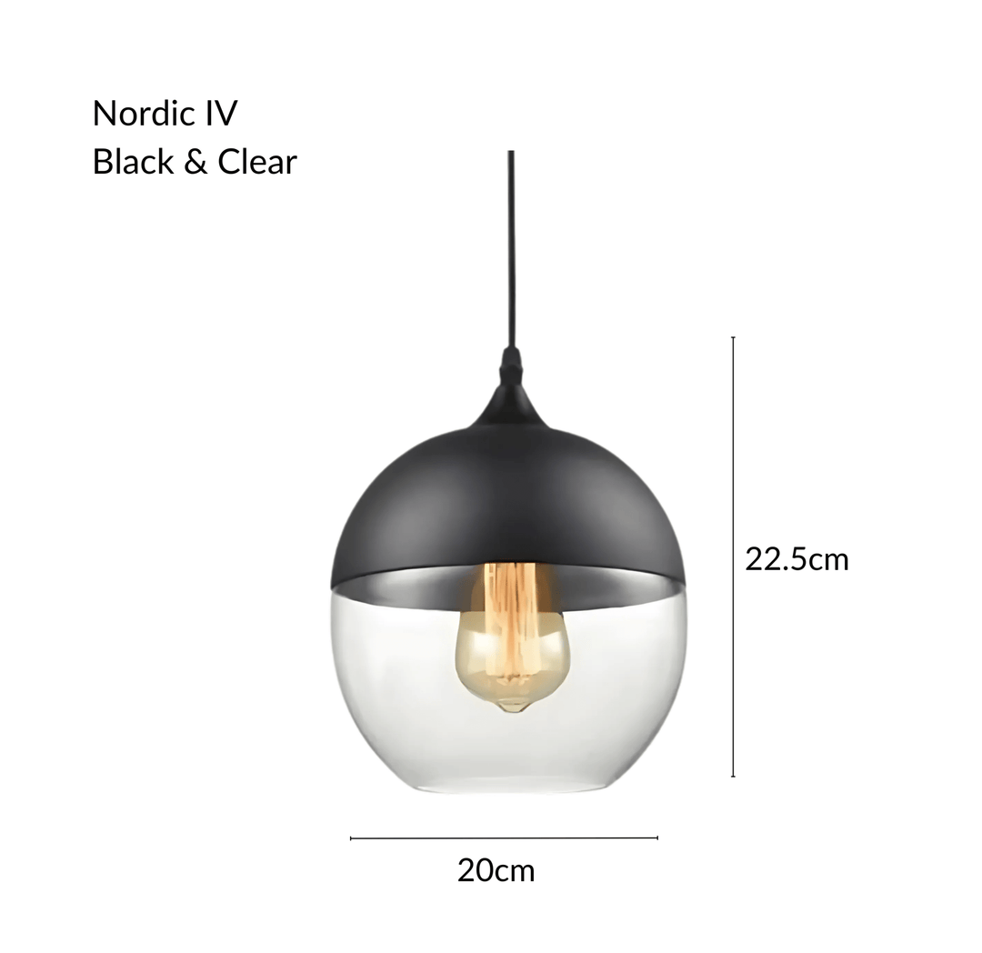 Nordic IV pendant light with black metal top and clear glass globe, 20cm wide and 22.5cm tall.