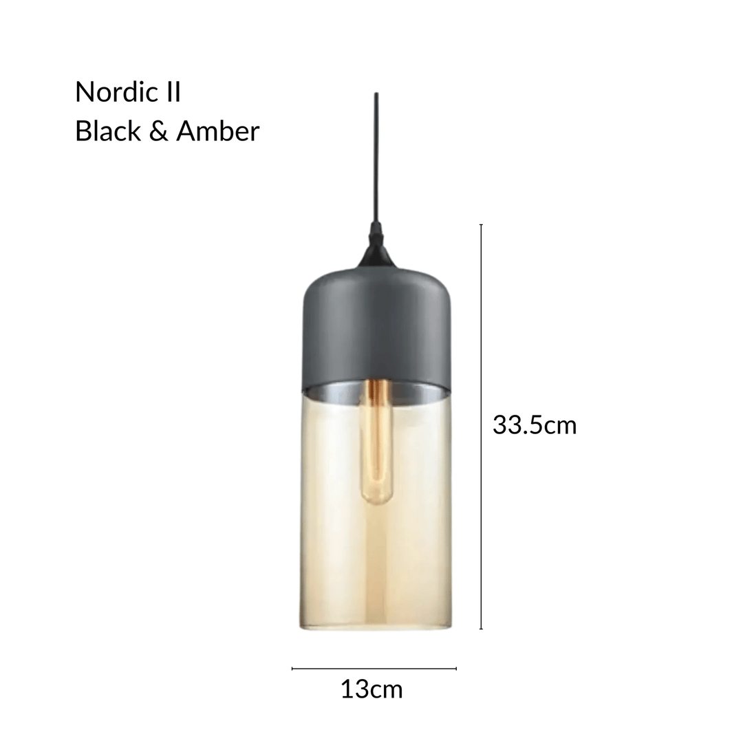 Nordic II pendant light in black and amber, 33.5cm tall and 13cm wide.