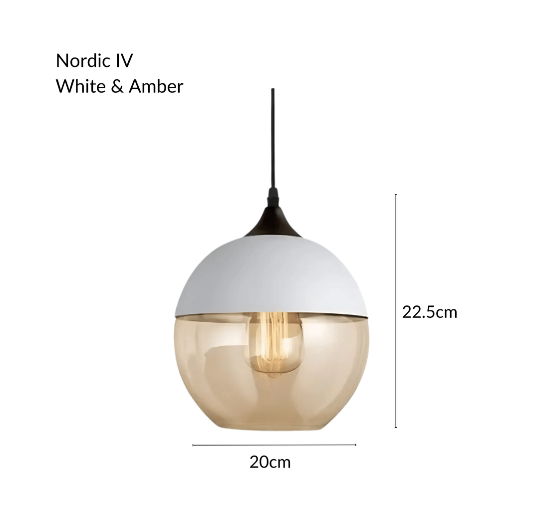 Nordic IV pendant light with white top and amber glass globe, 20cm wide and 22.5cm tall.