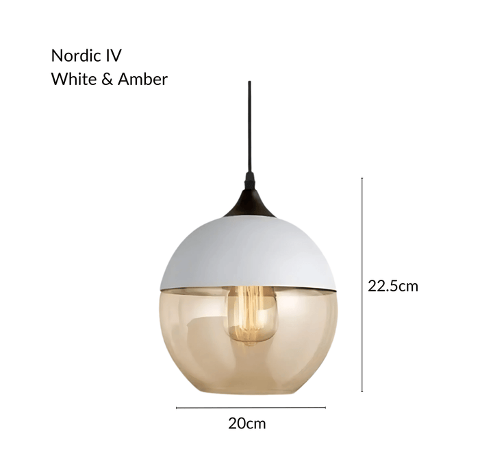 Nordic IV pendant light with white top and amber glass globe, 20cm wide and 22.5cm tall.